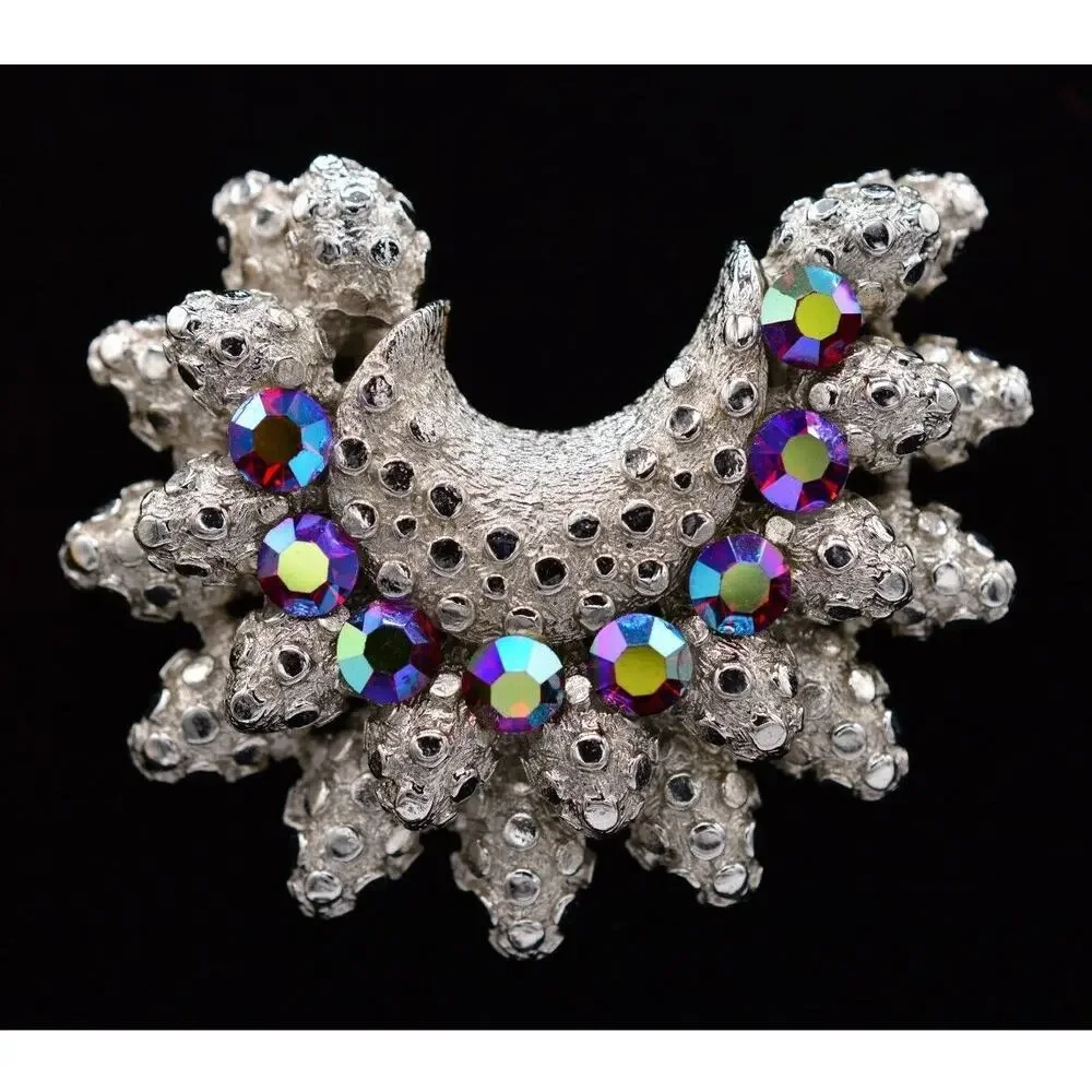 Coro Vintage Crystal Pin Brooch Red AB Brushed Silver Sparkling Signed 1940s 9B